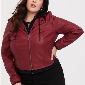 RED FAUX LEATHER 2FER MOTO JACKET